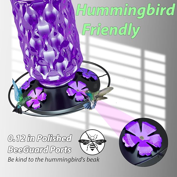 24OZ Glass Hummingbird Feeders for Outdoors Hanging,Five Feeding Ports with Perch, Leak Proof for Gardens Decor Backyard, Bird Feeder for Outside, Birthday Gifts for Women Men, Gifts for Mom Dad