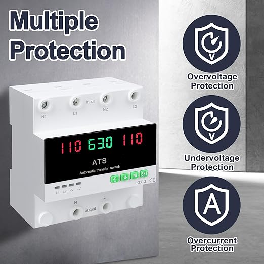 63A 110V Automatic/Manual Transfer Switch, DIN Rail Mount 110V for Generator Backup Power & Gas Furnace, 50/60Hz, LED Display, CE Certified