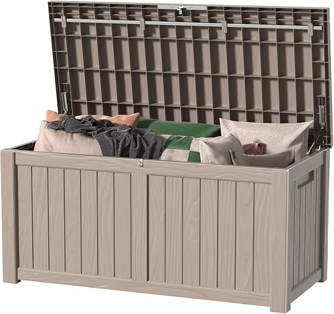 120 Gallon Outdoor Storage Box - Waterproof Resin Deck Box with Stainless Steel Rods - Lockable & UV Resistant Storage Bin for Patio Cushions & Garden Tools - Stylish Grey Design