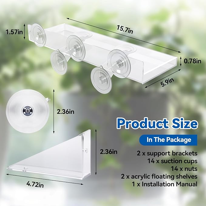 Window Plant Shelves, 2Pcs Acrylic Floating Shelf with Strong Suction Cup and Bracket, Window Sill Extender Plant Holder