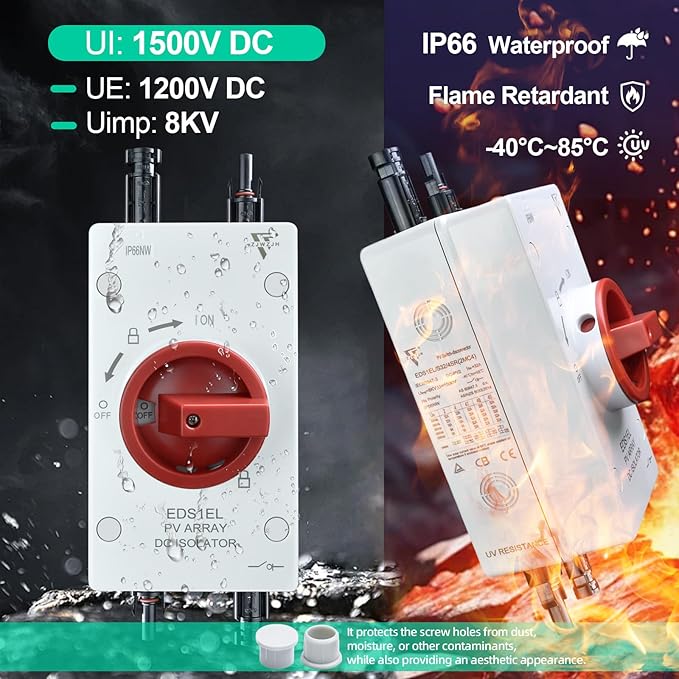 Solar Disconnect Switch 4-Pole DC1500 32A Isolator Solar Switch with Enclosure for Rooftop Solar Systems, RVs and Boat Waterproof IP66 Red 2MC4