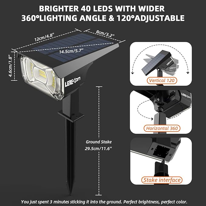 LEREKAM Solar Spot Lights,IP65 Waterproof 40 LED's Landscape Spotlights,3 Modes Outdoor Garden Lights, 360 Adjustable Lighting Angle, Solar Powered Wall Lights for Yard Porch 10 Pack