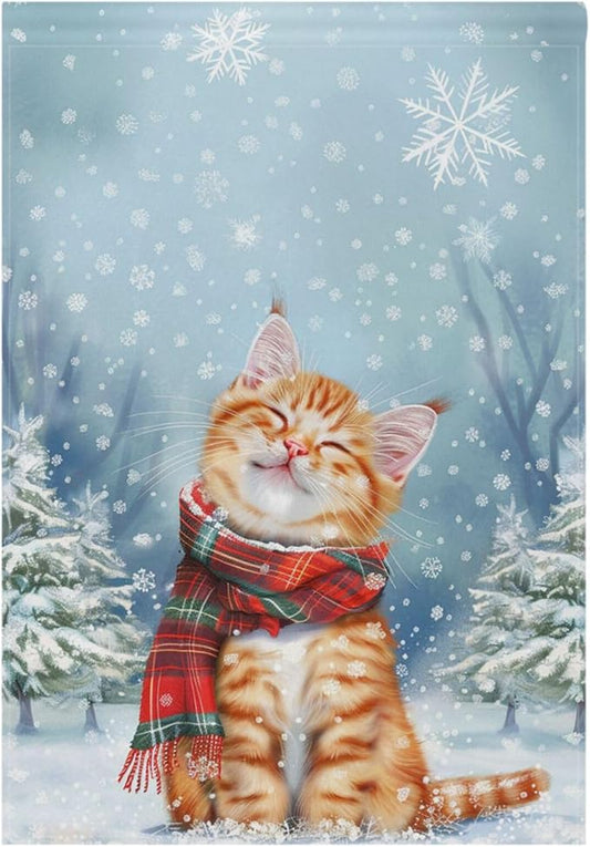 Pfrewn Christmas Winter Garden Flag 12x18 Double Sided Cute Cat Wearing Plaid Scarf House Yard Flags Welcome Winter Outdoor Indoor Banner for Party Home Merry Christmas Xmas Decorations