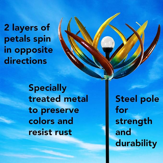 Bits and Pieces Tulip Wind Spinners Outdoor Solar Lighted Metal Wind Spinner, Large Kinetic Garden Sculptures, Crackle Glass Light, Multi-Colored Garden Decor