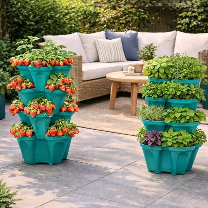 Large Vertical Planter Tower, 4 Tier Stackable Garden Planter, 16 Plant Sites, Heavy Duty Strawberry Planter, Vertical Growing System with Center Hole, Made in USA (Mineral Teal, Large)