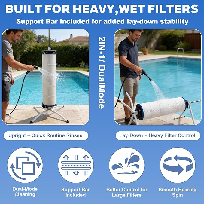Pool Filter Cleaning Stand with Support Bar, Lay-Down Stand for Heavy Wet Cartridge Filters, Stainless Steel Center Post, Fits 3"/4"/6" Core Filters up to 35"