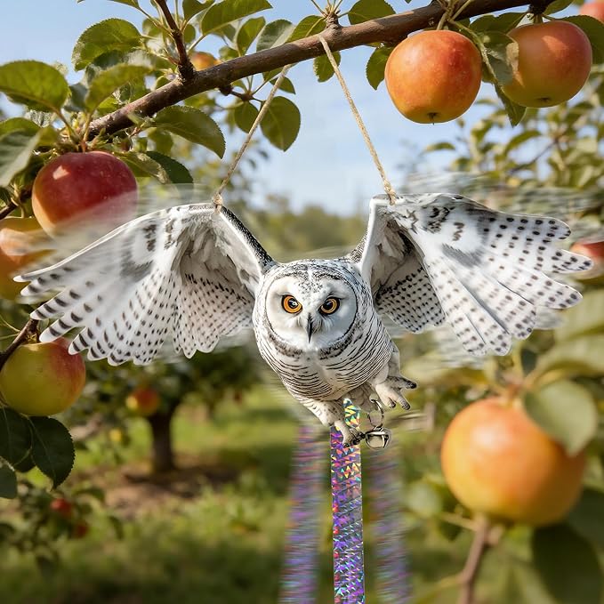 Flat Plastic Owl Scarer Hanging Device, 3 Pack Dual-Side Printed Owl with Reflective Tape and Bell for Garden Patio Farm Yard Window Porch, Outdoor Pigeon Woodpecker Scare Decoration, Not 3D
