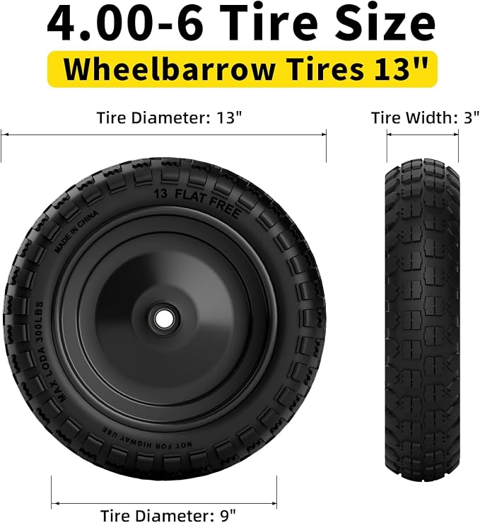 RONPOW 4.00-6 Flat Free Tire and Wheel, 13 Inch Solid Garden Wheelbarrow Tires, 300Lbs with 5/8" & 3/4" Axle Hole, 1"-3.5" Hub for Garden Cart, Wheelbarrow, Hand Truck, for Home Farm, 2Pcs Black