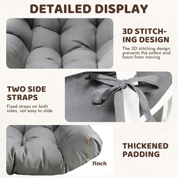 Waterproof Egg Chair Cushion Replacement, 47x33x7 Inches Thicken Outdoor Hanging Chair Cushion with Headrest Pillow, Cushions for Egg Chairs, Gray