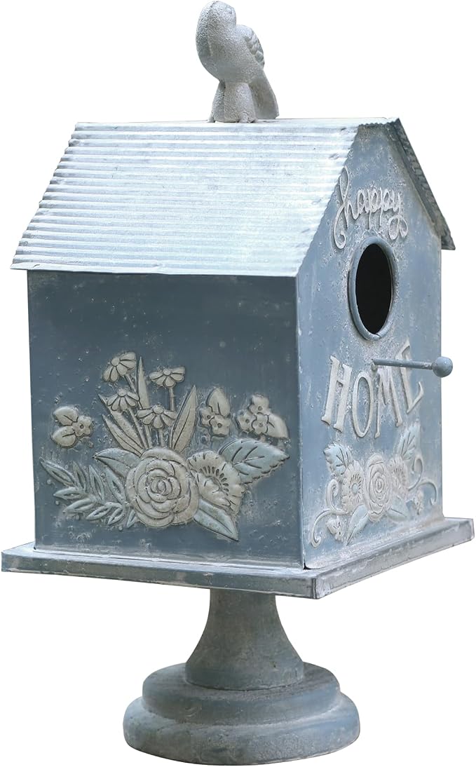 Rustic Blue Metal Bird House, Decorative Bird House with Happy Home Accents & Bird Topper, Standing Design Bird Home - Ideal Outdoor Garden Decor