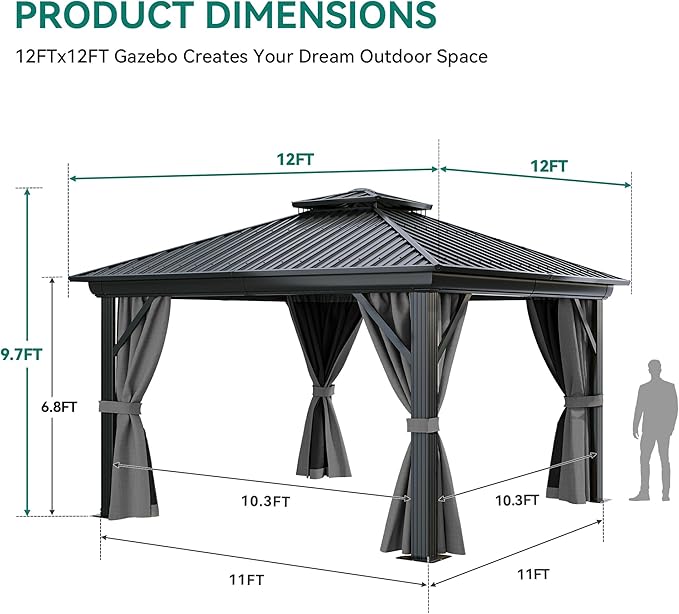 YITAHOME 12x12ft Hardtop Gazebo with Nettings and Curtains, Heavy Duty Double Roof Galvanized Steel Outdoor Combined of Vertical Stripes Roof for Patio, Backyard, Deck, Lawns, Gray