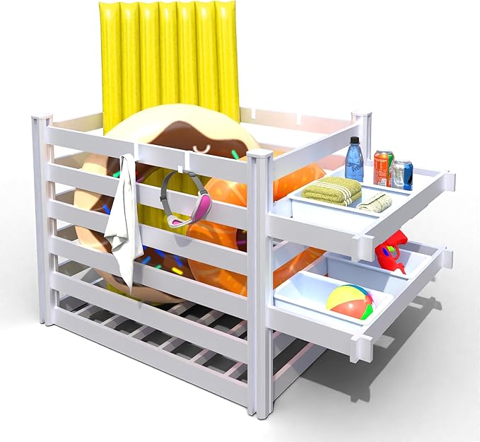 EUNHOO Pool Toy Storage Organizer, 64" L x 36" W x 39" H, Outdoor Deckbox with 4 Removable Towel Hooks & 2 Basket Rack (Basket not incl.) Waterproof Poolside Float Equipment Enclosure Bins Deck