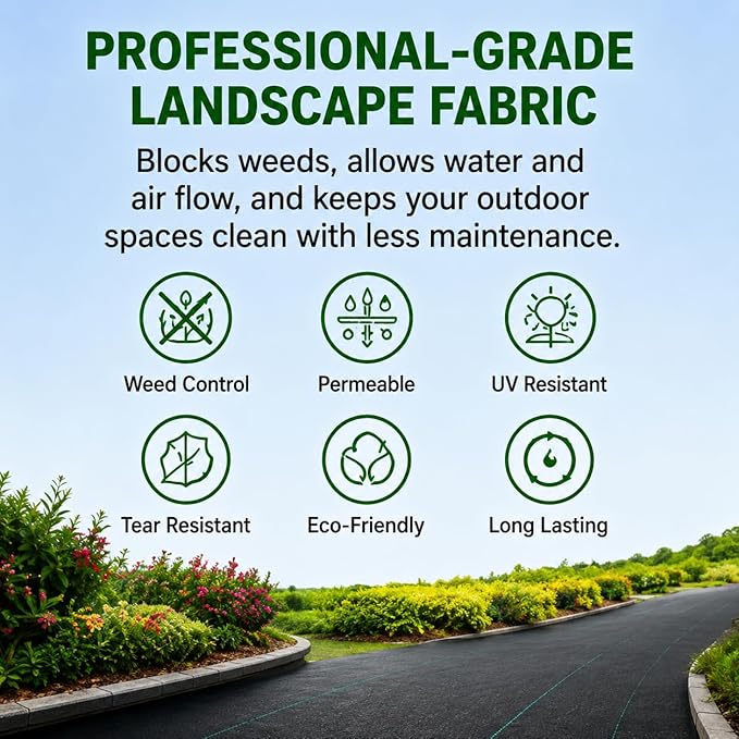 HOOPLE 3FT*100FT Premium Landscape Fabric Weed Barrier, Durable & Heavy-Duty, Thick Weed Barrier Fabric, Easy Setup & Superior Weed Control (3ft*100ft fold)