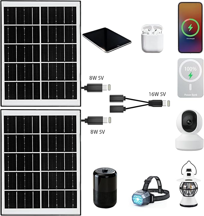 5V 16W Solar Panel for Security Camera IP65 Waterproof USB Solar Panel Charger Type-C Port、Micro USB Port＆DC Port Solar Sanels for Cameras with 9.8ft Charging Cable(8W black-2pack)