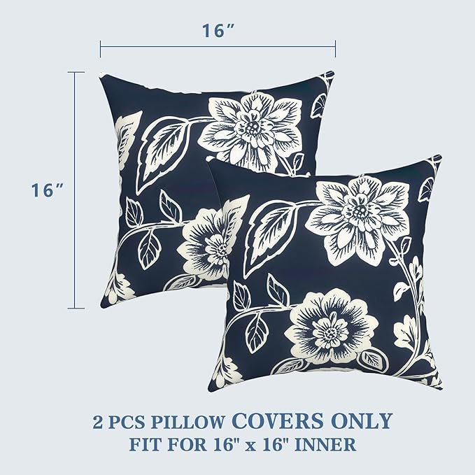 LVTXIII 2 Pack Outdoor Throw Pillow Covers for Patio Furniture, 16x16 Inch Square Pillow Case, Water-Repellent Cushion Covers for Garden, Porch, Sofa, Elegant Vines Navy
