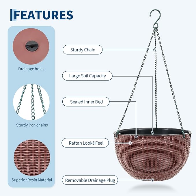13.8 Inch Self Watering Hanging Planter, 2PCS Round Resin Hanging Basket for Indoor Outdoor Plants, Rattan Look Flower Pot with Drainage Plug, Deep Inner Pot and Sturdy Metal Triple-Chain Hanger