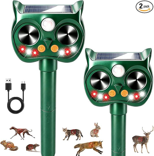 2Pack Upgraded Deer Repellent Devices Solar Ultrasonic Animal Repellent Outdoor with Motion Sensor Strobe Light for Squirrel Raccoon Rabbit Cat Bird Volume Control Keep Pests Out of Yard Farm