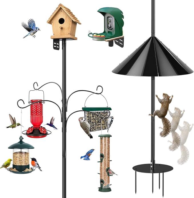 tinnmao Bird Feeder Pole 100 Inch with Squirrel Baffle and 4 Feeder Hooks | Heavy Duty Adjustable Bird House Pole with Top and Side Mount for Smart Feeders, Bluebird Houses, Yard and Garden