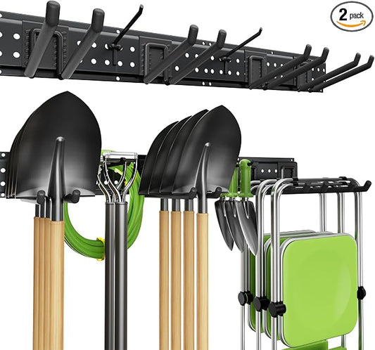 Garage Tool Organizer Wall Mount, 33 Inch Heavy Duty Garage Organization System with 6 Adjustable Hooks, Garden Tool Storage Rack for Garage, Yard & Shed, Holds Up to 250 lbs
