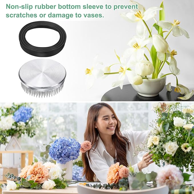 M METERXITY 2-Pack Flower Frog 2.76" Round Steel Floral Arranger Pins Ikebana Holder W Rubber Base for Flower Arrangements/Craft Plant/Home Decor, Floral Kenzan Fixed Tool [1.1cm Pins]