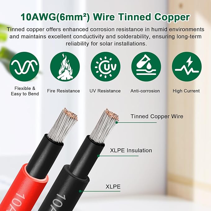 Solar Panel Wire 10 AWG(6mm²) - Solar Extension Cable 200Ft Black & 200Ft Red 10 Gauge Tinned Copper PV Wire for Outdoor Automotive RV Solar Panel Boat Marine (Black+Red)
