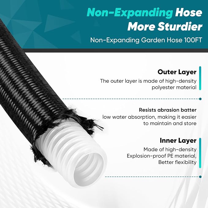Garden Hose 100FT, Non-Expanding Lightweight Water Hose With 10-Function Nozzle, Leak-Proof, No-Knot, Easy to Carry and store, Wear-Resistant, Sturdy, 3/4GHT, Designed for Garden, Yard, Outdoor