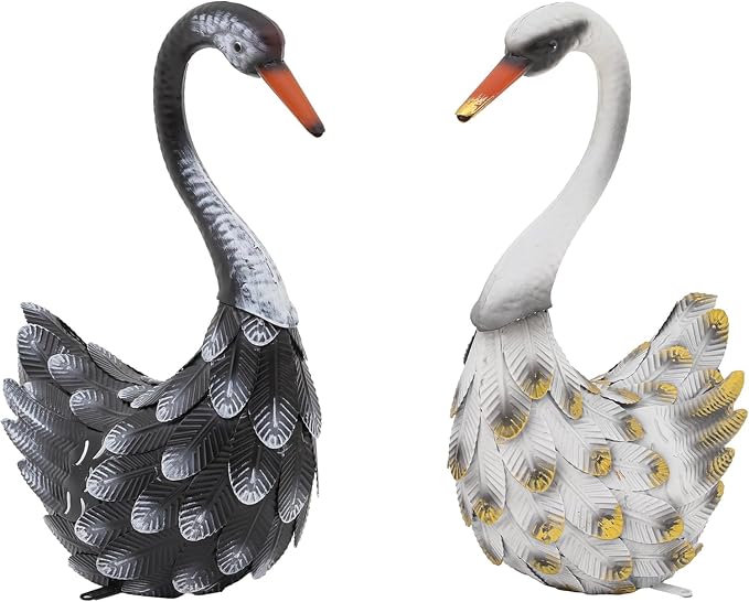19" Swan Statue Set of 2, Handcrafted Lifelike Metal Swan Sculptures with Ground Stakes, Weatherproof Large Swan Figurines for Garden Patio Yard Decor, Gifts for Women Wedding Housewarming