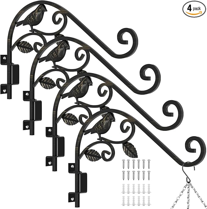 Plant Hangers Outdoor, 4 Pack 15.15 inch Swivel Plant Hangers Indoor Wall Mount Sturdy Wrought Iron Plant Wall Hanger, Wall Plant Hanger Indoor for Bird Feeders, Planters, Lanterns, Wind Chime, Black