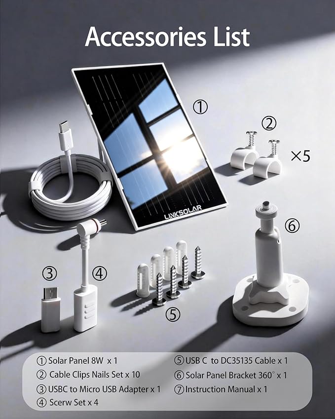Solar Panel for Ring Security Camera Doorbell Outdoor, 8W Solar Panels Charger with Micro USB, DC & USB-C Port for Rechargeable Battery Camera, IP65, 9.8ft Cable, 360°Adjustable Bracket