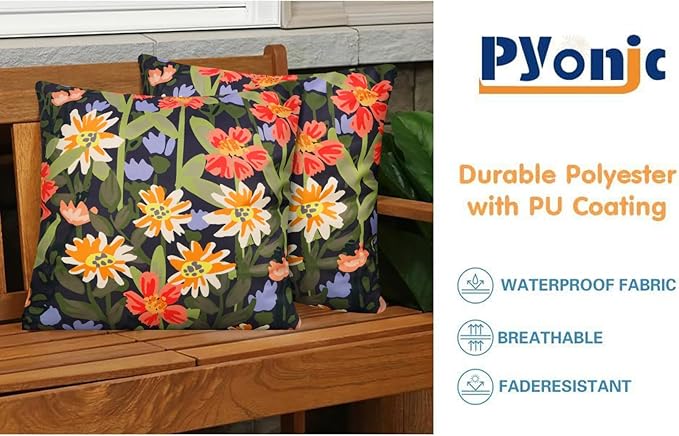 Pyonic Outdoor Pillows Waterproof Cover Pack of 2 Floral Waterproof Throw Pillows 18x18 inch for Patio Furniture Garden Furniture,Balck