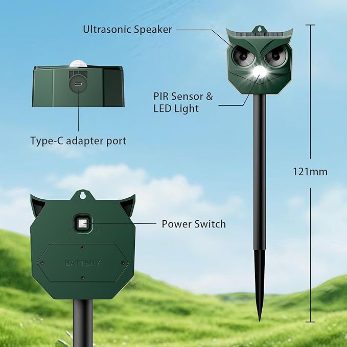 4 Pack Solar Ultrasonic Animal Repeller with Flashing LED Lights – Cat Deterrent Outdoor for Squirrels, Deer, Raccoons, Rabbits, Skunks, Dogs – Protects Garden, Yard, Lawn, Farm & Crops