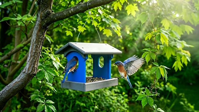 Bluebird Feeder - Poly Lumber - Hanging Blue Bird Feeder for Mealworms (Gray and Blue)