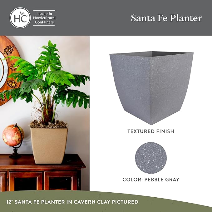 The HC Companies Santa Fe Square Self-Watering Pot - Lightweight Plastic Planter for Herbs & More - Durable Plant Pots for Indoor Plants & Outdoor Plants (16” Pebble Gray, Pack 1)