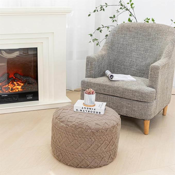 Poofieotto Round Ottoman Stuffed 20x12 Inches Floor Pouf Chair for Living Room Bedroom Modern Foam Pouf Ottoman Foot Rest for Couch Home Décor Pouffe (Light Coffee Pouf with Filler)
