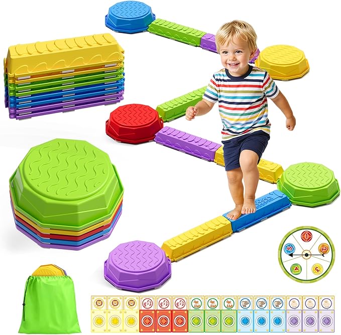 Wee Wonders Balance Beam Stepping Stones for Kids, Non-Slip Sensory Obstacle Course Toys for Toddlers, Stackable Balance Stones with Game Spinner & 30 Card, Indoor Outdoor Gifts for Boys Girls 3-5