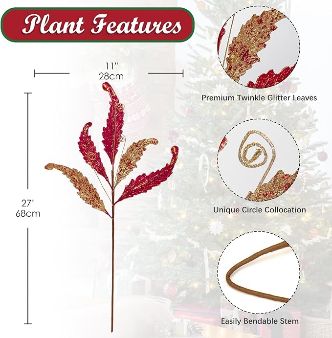 GnFlus 3 Pcs Christmas Glitter Leaves Large 27 Inch Artificial Glittered Leaf Picks and Spray Stems Ornament for Home Wedding DIY Xmas Tree Wreath Garland Floral Arrangement Decor - Red Gold