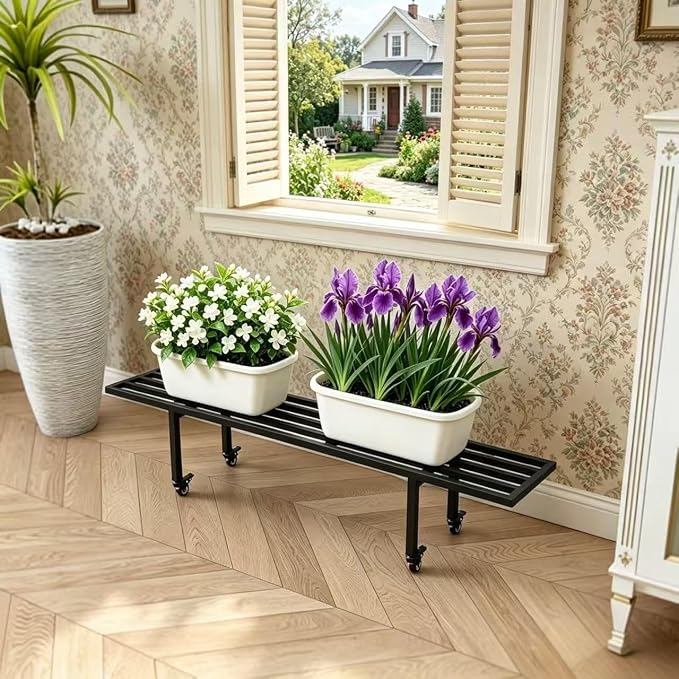 Zhongma One Tier Metal Plant Stand with Wheels,(45.67 L x 8.66 W x 10.3 H) Heavy Duty Plant Holder for Home, Window,Garden, Plant Lovers, Display Stand