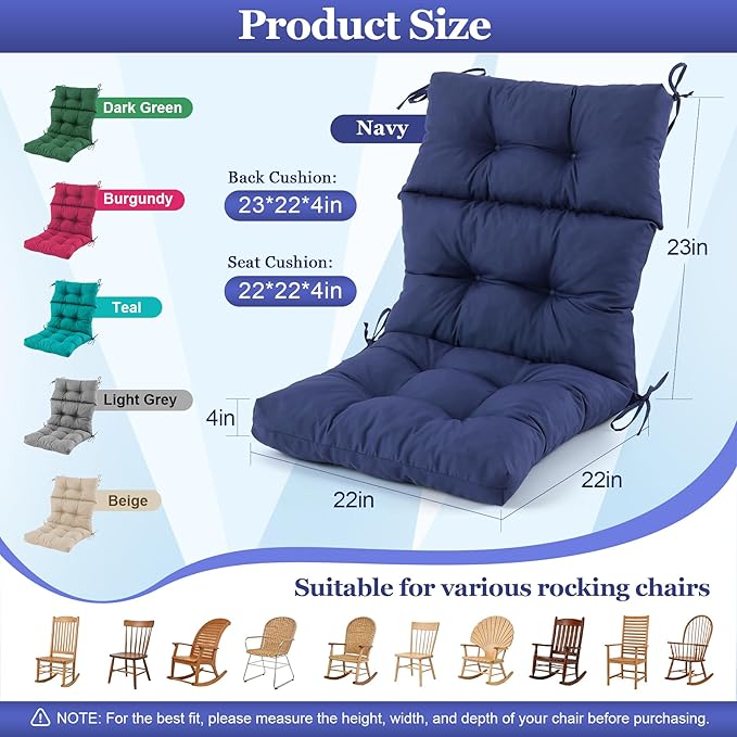 Rocking Chair Cushion, Waterproof and Fade-Resistant Adirondack Rocker Cushions, Indoor/Outdoor Rocking Chair Pads, High Back Memory Foam Patio Furniture Cushions with Ties, 44x23x4 Inch, Navy Blue