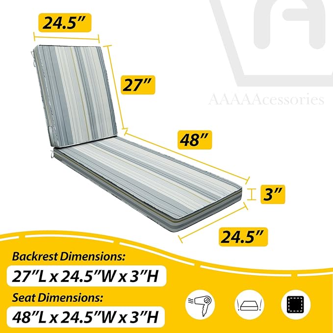 AAAAAcessories Outdoor Chaise Lounge Cushions, Fade-Resistant, Waterproof Patio Furniture Replacement Cushions, 75" x 24.5" x 3", Ash Blue Harbor Stripe