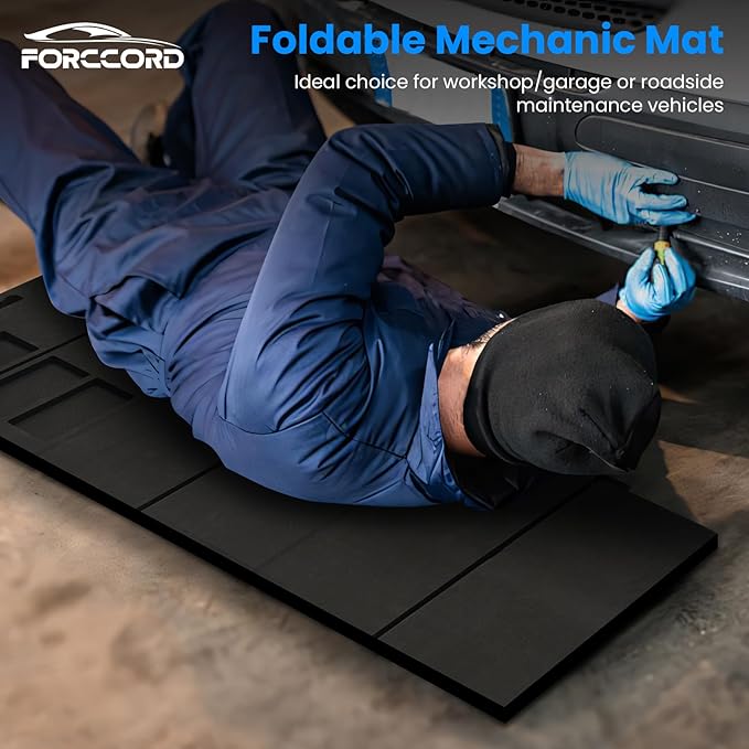 Foldable EVA Mechanic Mat with with Magnetic Tool Compartments, 47.2" x 15.8" x 1.2" Carry Portable Thick Kneeling Pad 5-Fold with a Strap for Garage Workshop Repairing Gardening