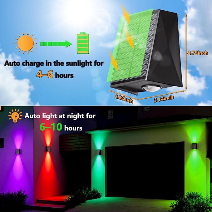 12Pack Color Changing Solar Wall Lights Outdoor Waterproof Up and Down 2 LED RGB and Cool White Sconce, Decor for Fence, Stair, House, Patio, Porch, Yard, Garden, Garage and Pool, Wall Mounted Install