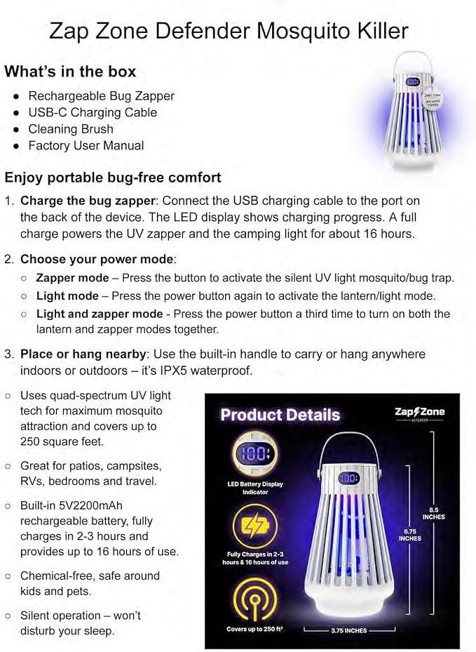 Zap Zone Defender Bug Zapper Outdoor Indoor, Rechargeable Mosquito Zapper with UV Light USB-C Electric Insect Trap Mosquito Repellent Outdoor Patio Camping Traps 3 Modes IPX5 Water Resistant Lantern
