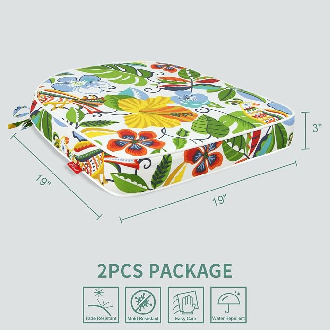 Outdoor Chair Cushions Set of 2, 19x19 Inch U-Shape Patio Seat Cushions with Ties, Water & Fade Resistant High Density Foam Cushions for Garden Patio Chairs, Flower Bird