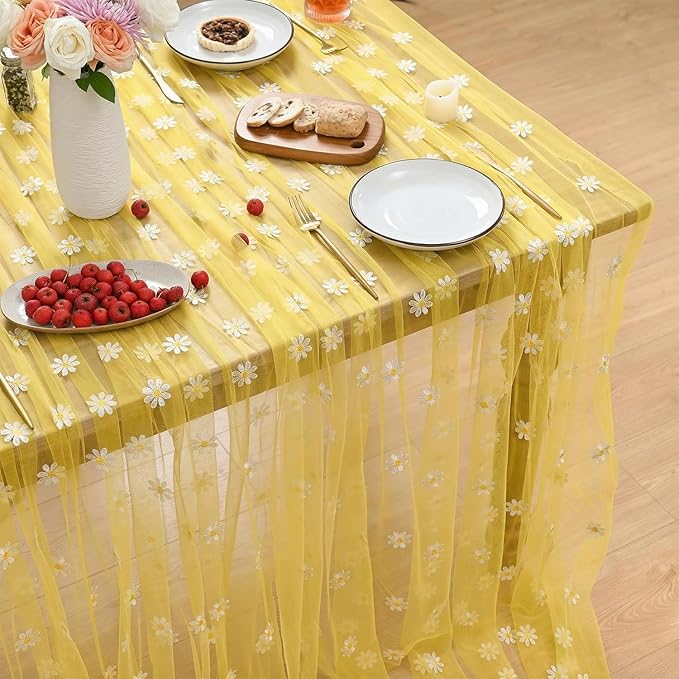 Horaldaily Yellow Embroidery Daisy Spring Summer Gauze Tablecloth 60×120 Inch Rectangular, Seasonal Tulle Table Cover, Garden Party Decorations for Wedding, Party, Holiday Dining