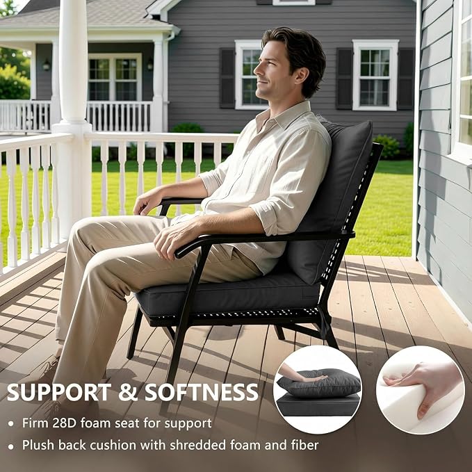 19x19 Inch Patio Chair Cushion with Removable Cover, Outdoor Furniture Cushion - Water-Repellent, Fade-Resistant, Non-Slip Bottom & Straps, Replacement for Lawn, Porch & Deck Chair - Dark Grey