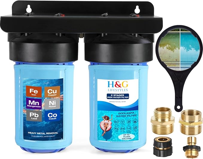 H&G lifestyles Pool Filling Hose Water Filter, Garden Hose Iron Filter for Well Water, Reduces Calcium Magnesium, Hot Tub & Pool Water Filter System, 3/4" GHT Brass Fittings, 70,000 Gallons