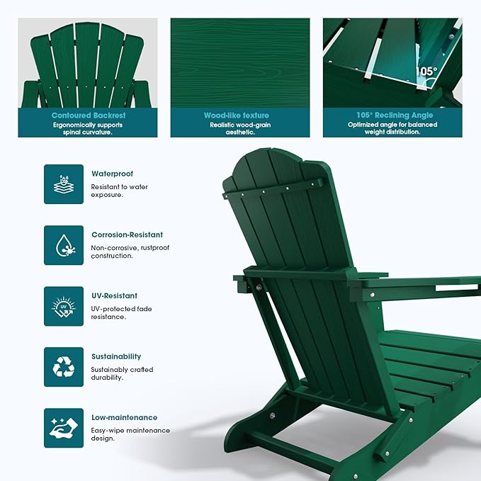 THOEOE Folding Adirondack Chair Set of 4, HDPE All-Weather Outdoor Chair with Cup Holder, Wooden Textured, Fire Pit Chair, Plastic Patio Chair for Deck, Backyard, Garden, Lawn, Green