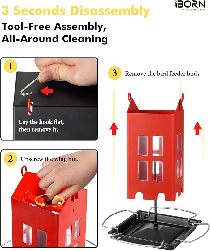 iBorn Bird Feeder House, Metal Bird Feeders for Outdoors Hanging,Double-Sided Metal Hanger & Weatherproof, Easy to Clean & Refill, 1.5 Lbs Capacity, Red