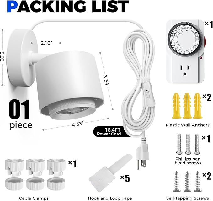 Barrina TR40a Track Grow Light for Indoor Plants, 40W Wall-Mounted Grow Bulbs with Adjustable Beam Angle (15°-60°), 5000K Full Spectrum Plant Spotlight with Timer & 16.4' Power Cord, 1-Pack