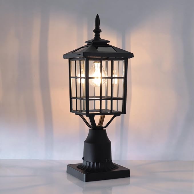 Outdoor Solar Post Lights with Pier Mount Base, ST4224Q 2 Pack Black Cast Aluminum Squared Waterproof Exterior Post Lamp Warm White LED for Yard Garden Pillar Pole Pathway